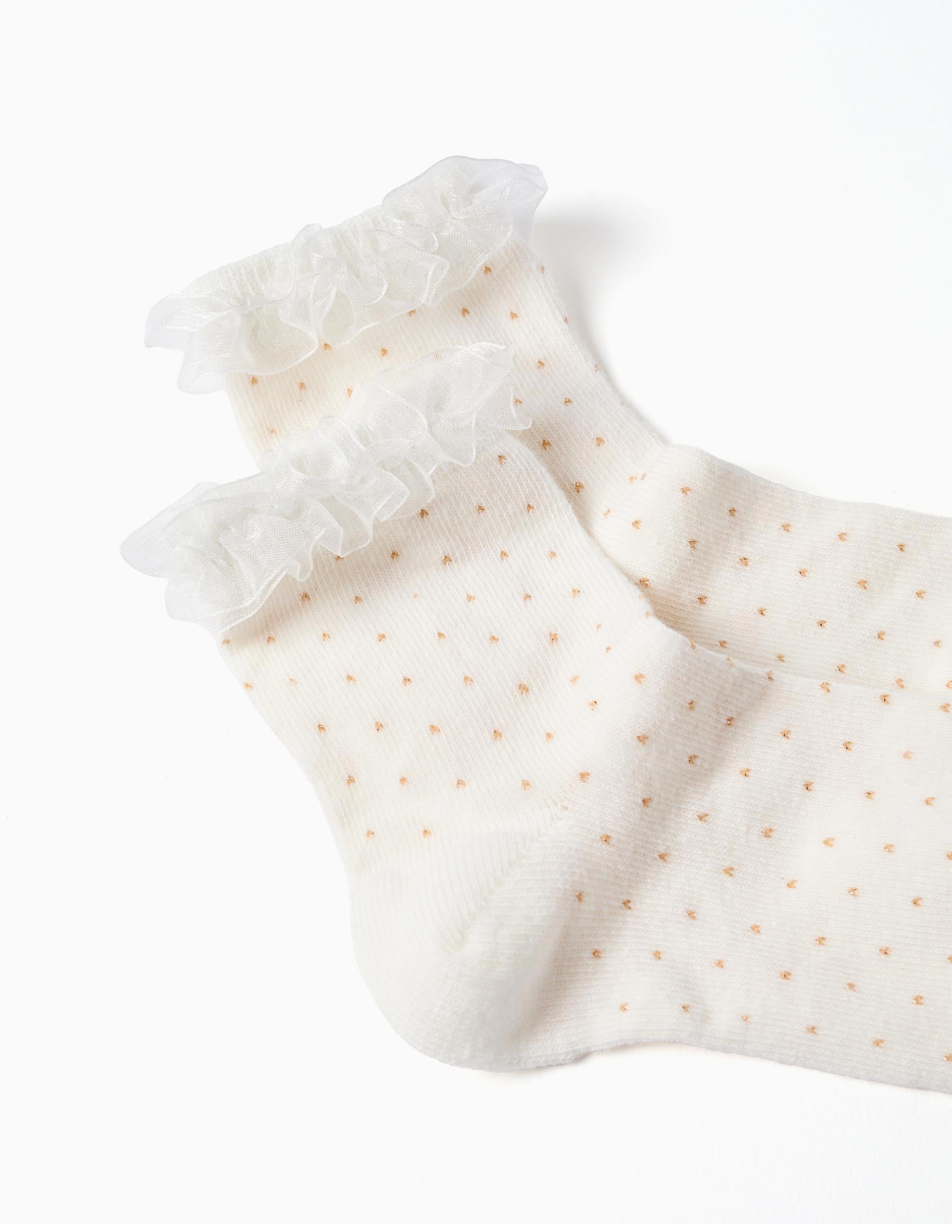 Crew socks with polka dots and ruffles for girls, white