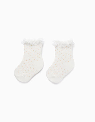 Calcetines con lunares y volantes para bebé niña, blanco
