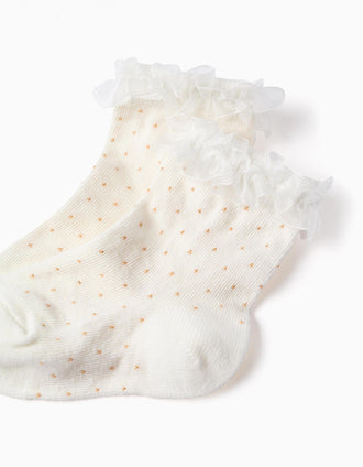 Calcetines con lunares y volantes para bebé niña, blanco