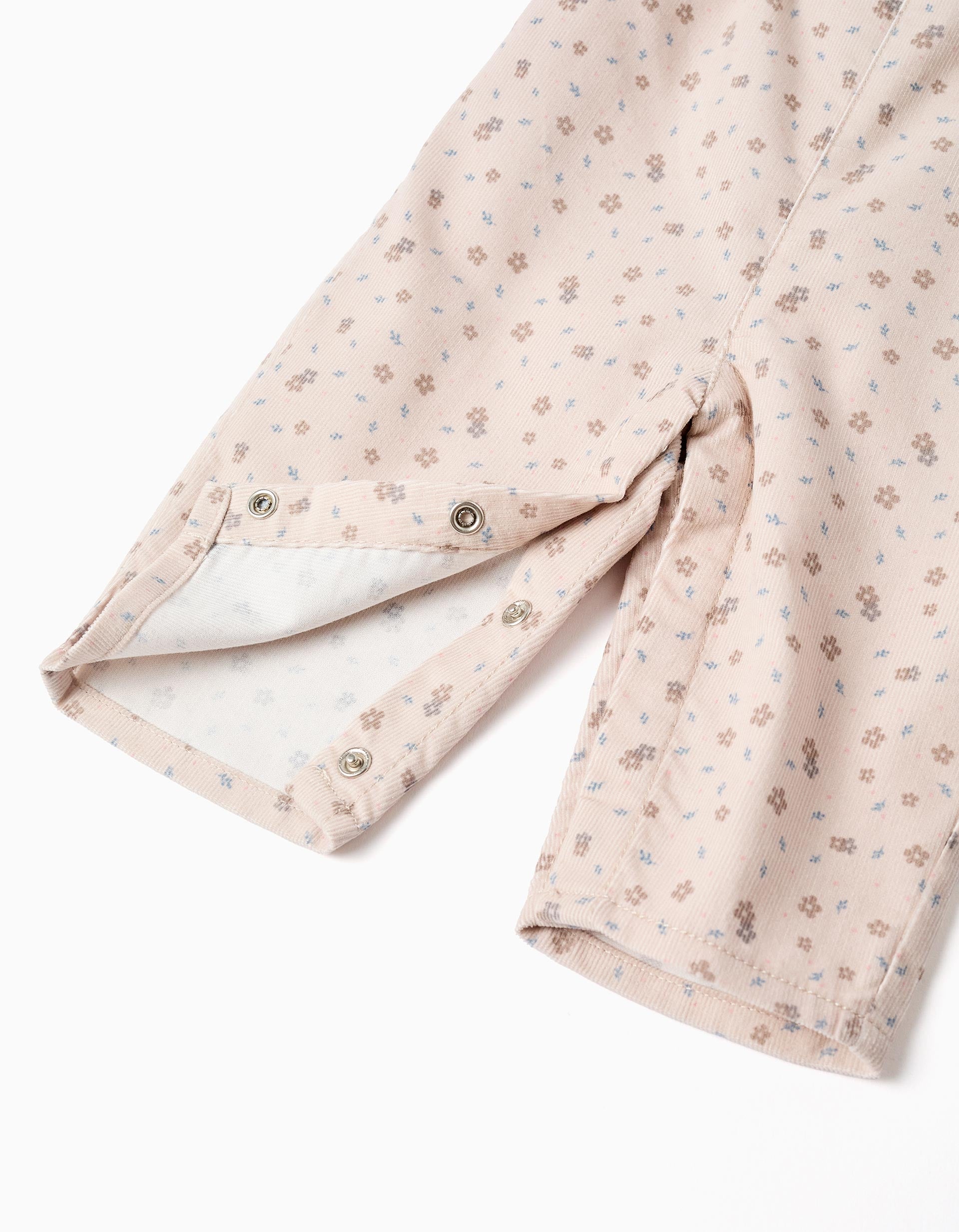 Corduroy jumpsuit with floral motif for newborn girls, beige