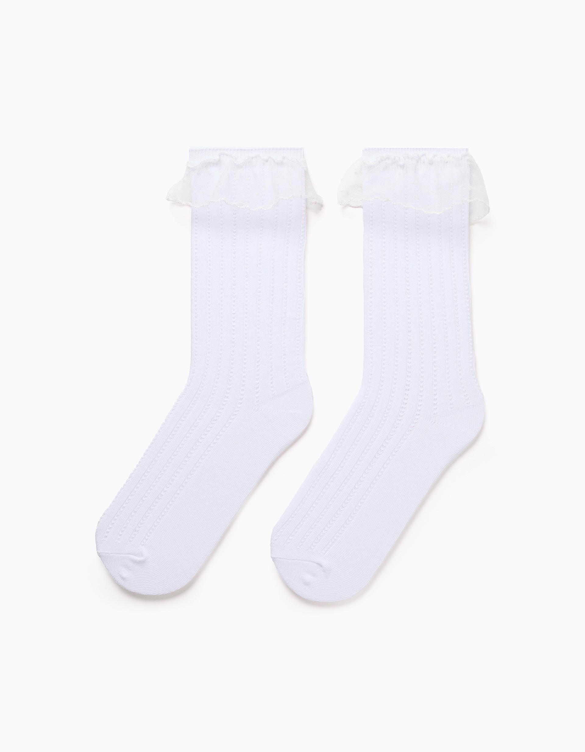 Ribbed high socks with tulle ruffles for girls, white