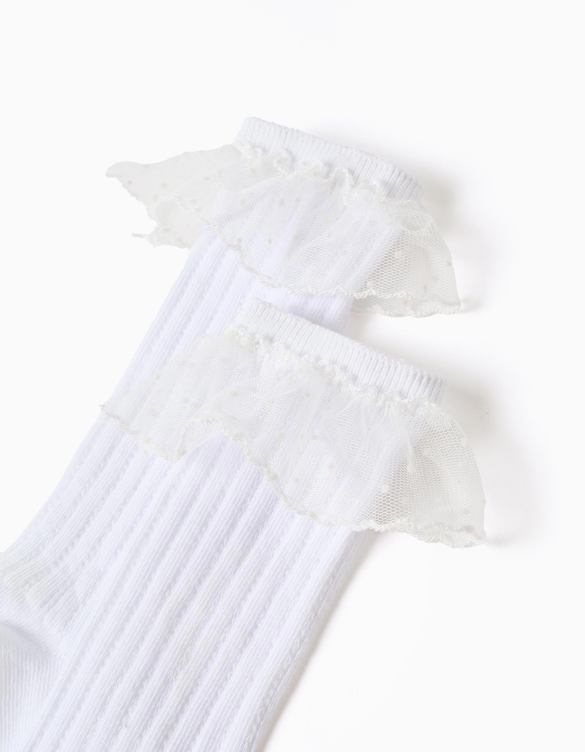 Ribbed high socks with tulle ruffles for girls, white