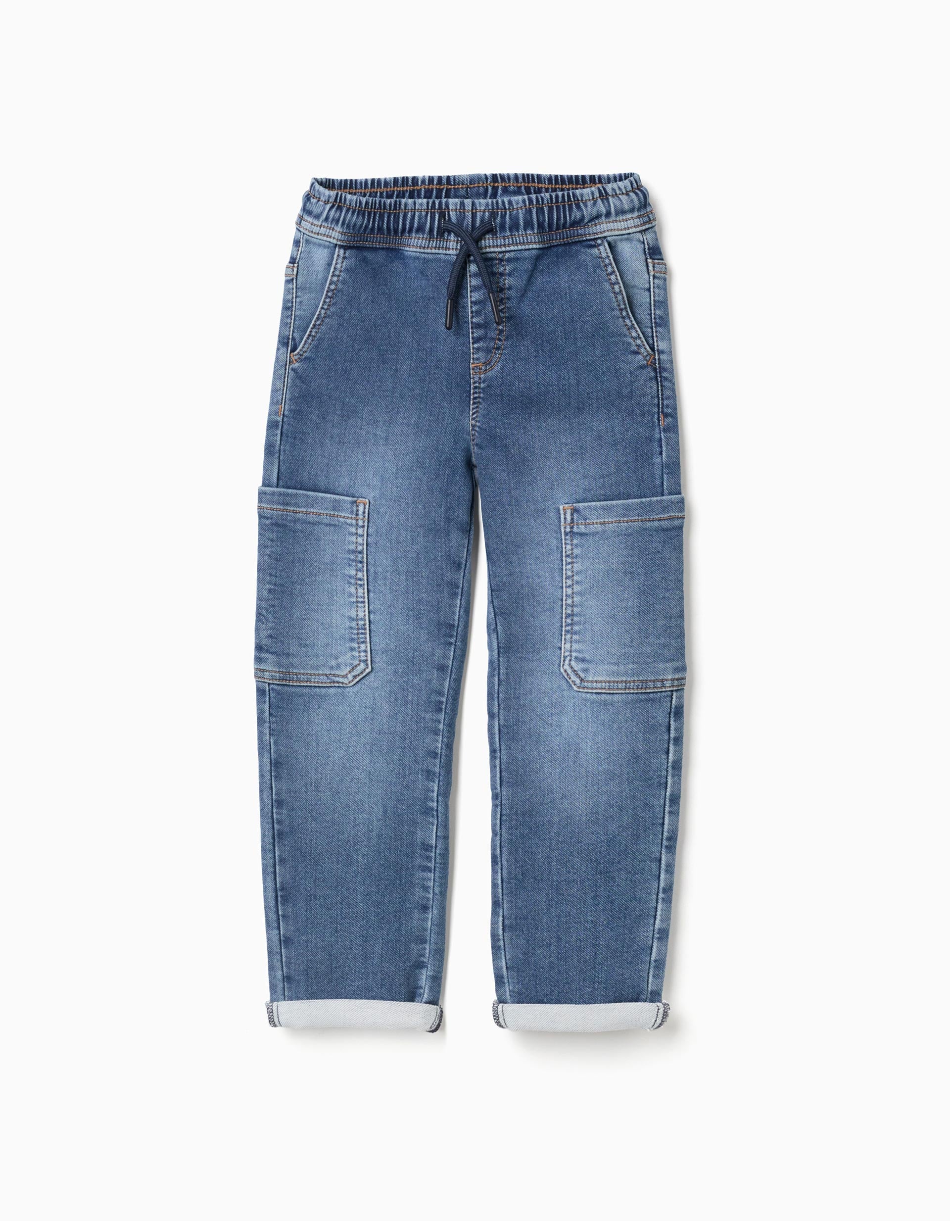 Calças de ganga retas com bolsos cargo para menino, azul