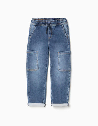 Pantalón vaquero recto con bolsillos cargo para niño, azul