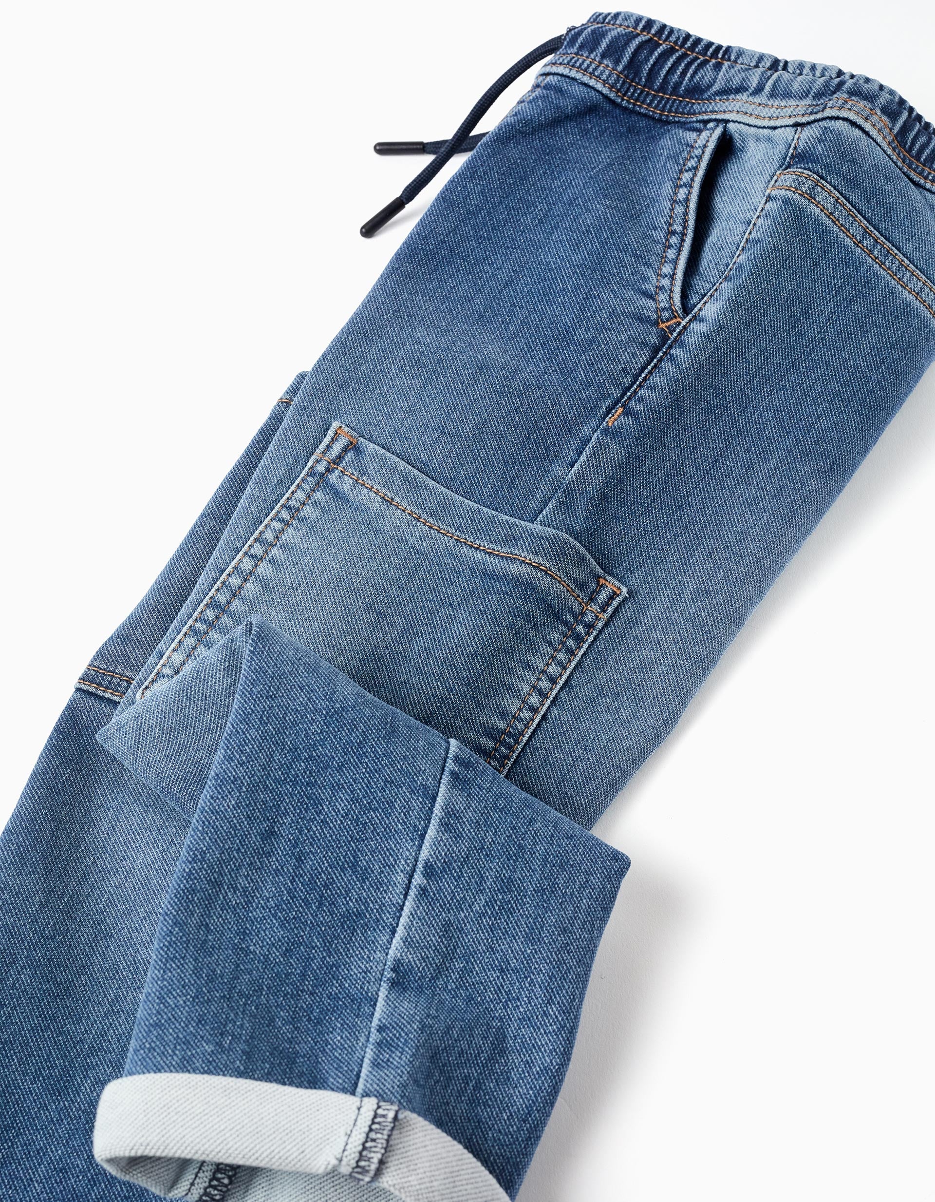 Calças de ganga retas com bolsos cargo para menino, azul