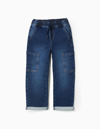Pantalón vaquero recto con bolsillos cargo para niño, azul oscuro