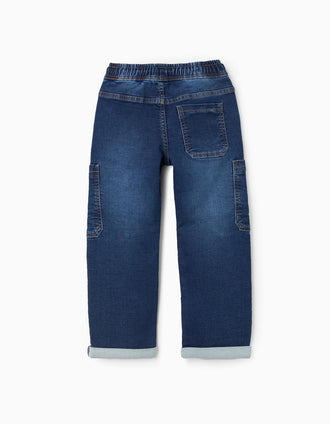Pantalón vaquero recto con bolsillos cargo para niño, azul oscuro