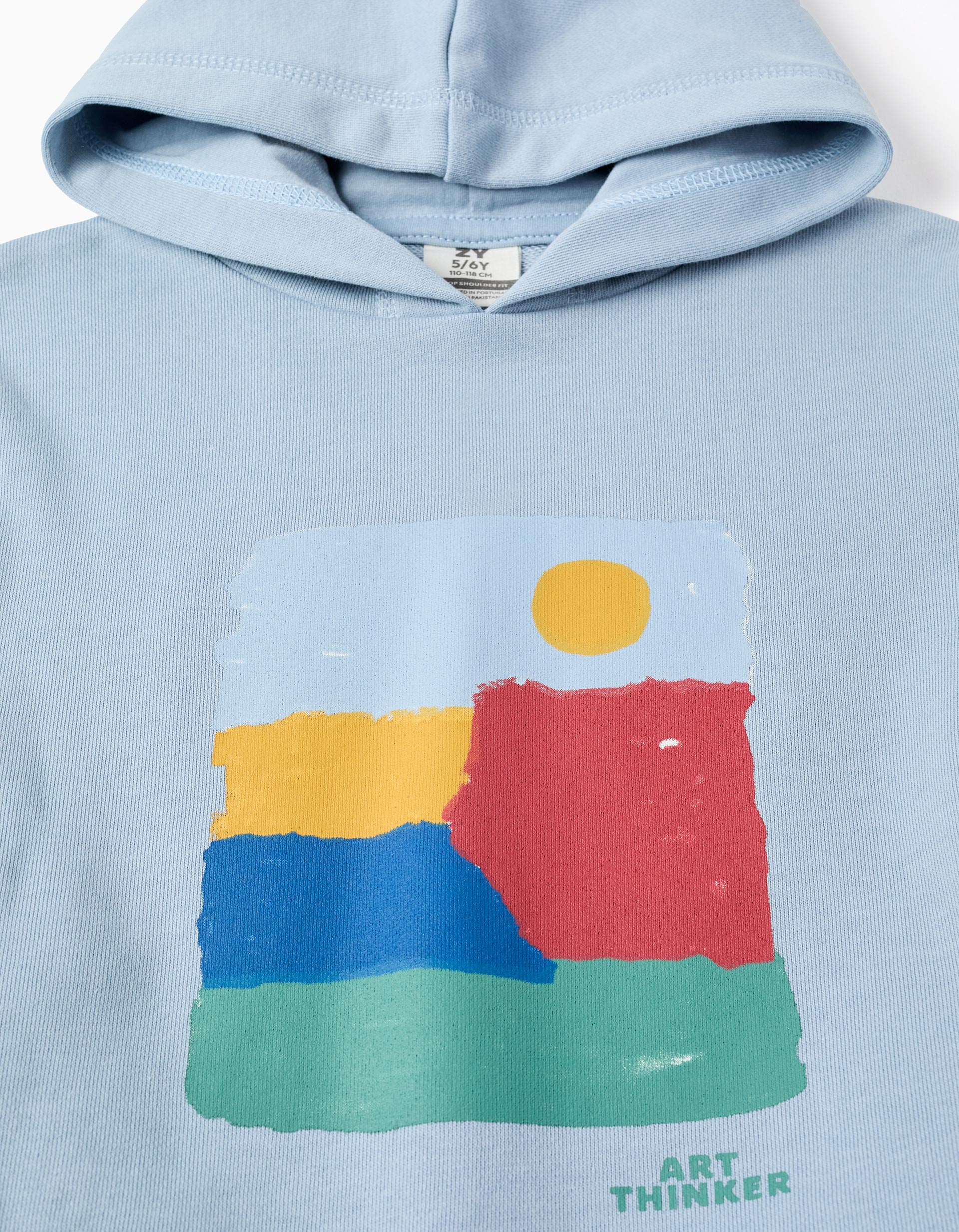Cotton hooded sweatshirt with Art Thinker print for boys, light blue