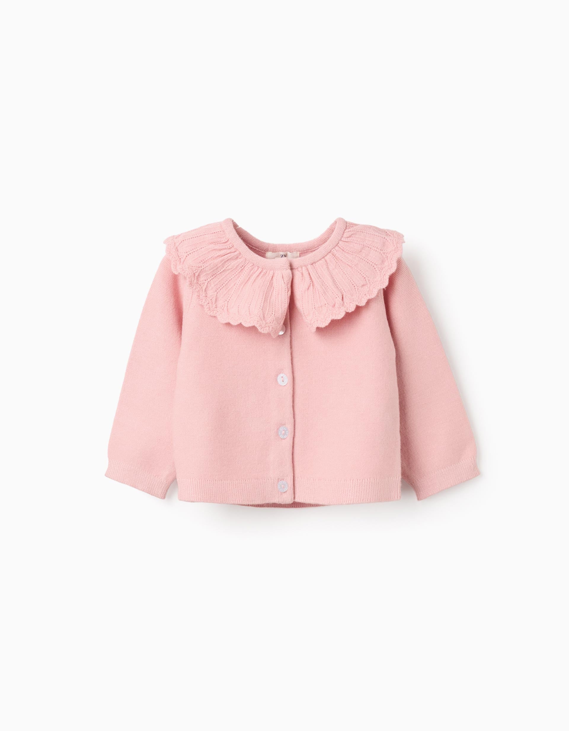 Casaco de malha com gola ajurada para recém-nascida, rosa