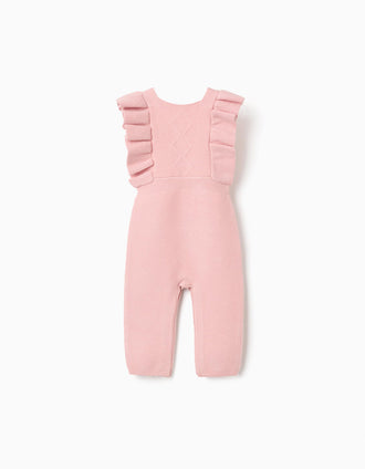 Knitted jumpsuit with ruffled straps for newborn girls, pink
