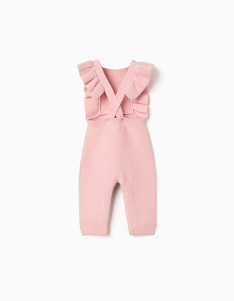 Knitted jumpsuit with ruffled straps for newborn girls, pink