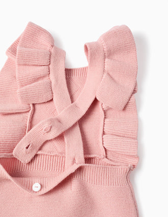 Knitted jumpsuit with ruffled straps for newborn girls, pink