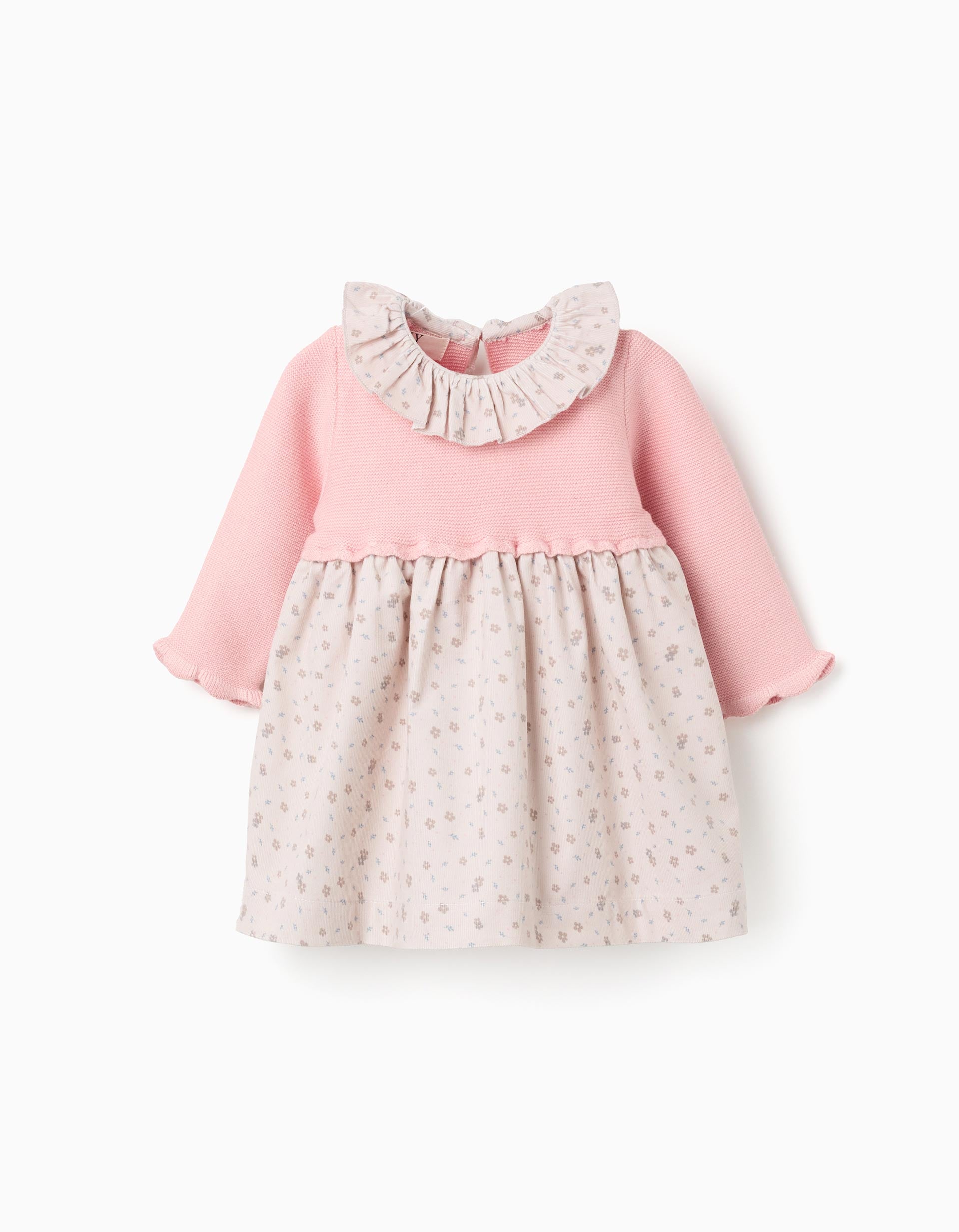Vestido combinado con motivo floral para recién nacida, rosa/beige