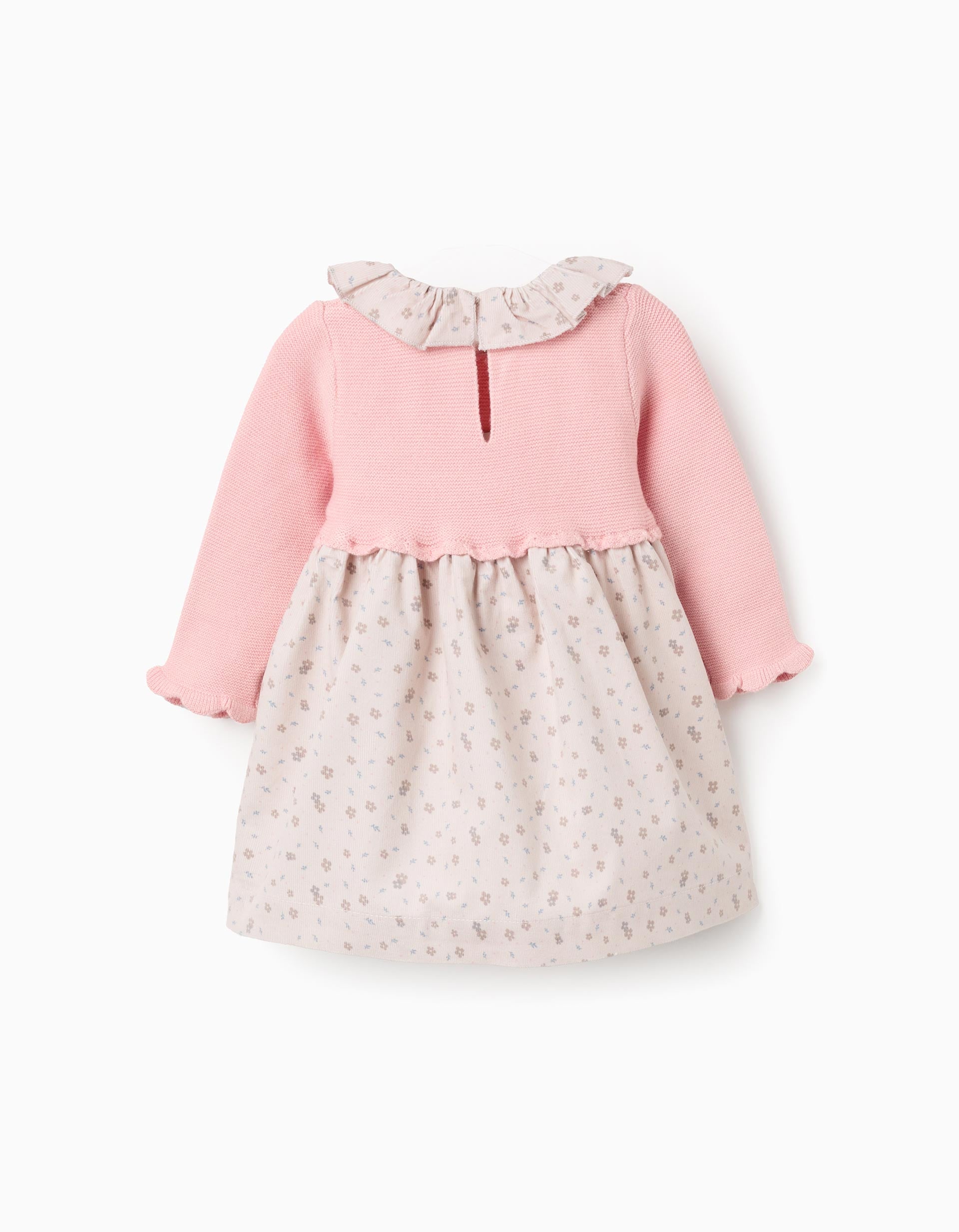 Vestido combinado con motivo floral para recién nacida, rosa/beige