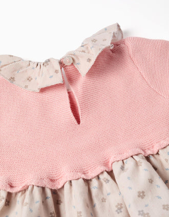 Dual-fabric dress with floral motif for newborn girls, pink/beige