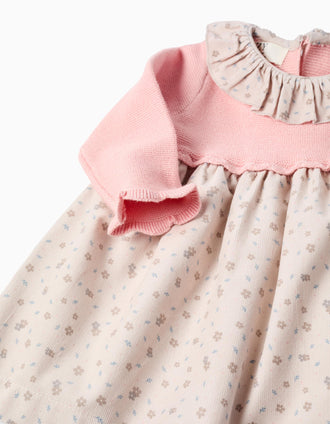 Dual-fabric dress with floral motif for newborn girls, pink/beige