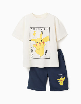 Camiseta y pantalón corto con estampado Pikachu para niño, blanco/azul