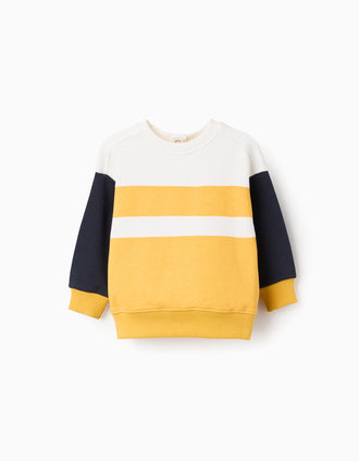 Sweat de algodão com bloco de cores para bebé menino, branco/amarelo/azul