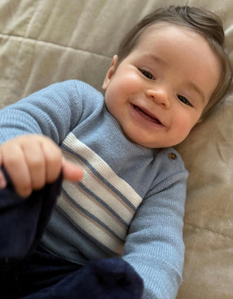 Knitted jumper with stripes for newborn boys, blue/white/beige