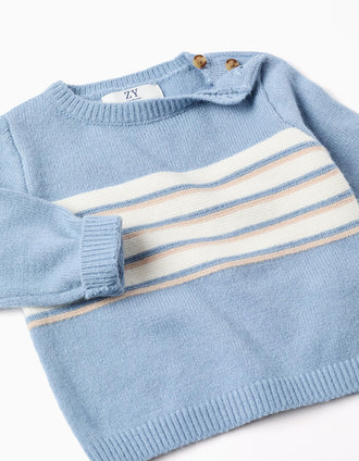 Knitted jumper with stripes for newborn boys, blue/white/beige