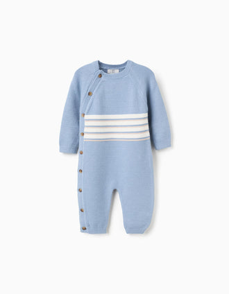 Knitted babygrow with stripes for newborn boys, blue/white/beige