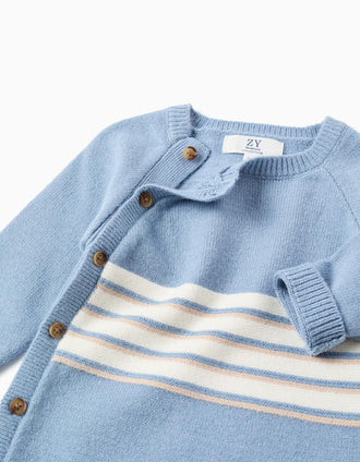 Knitted babygrow with stripes for newborn boys, blue/white/beige