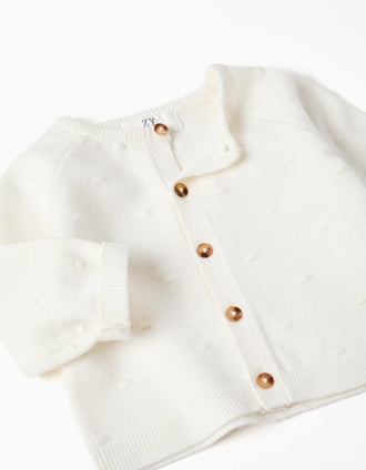 Popcorn knit cardigan for newborns, white