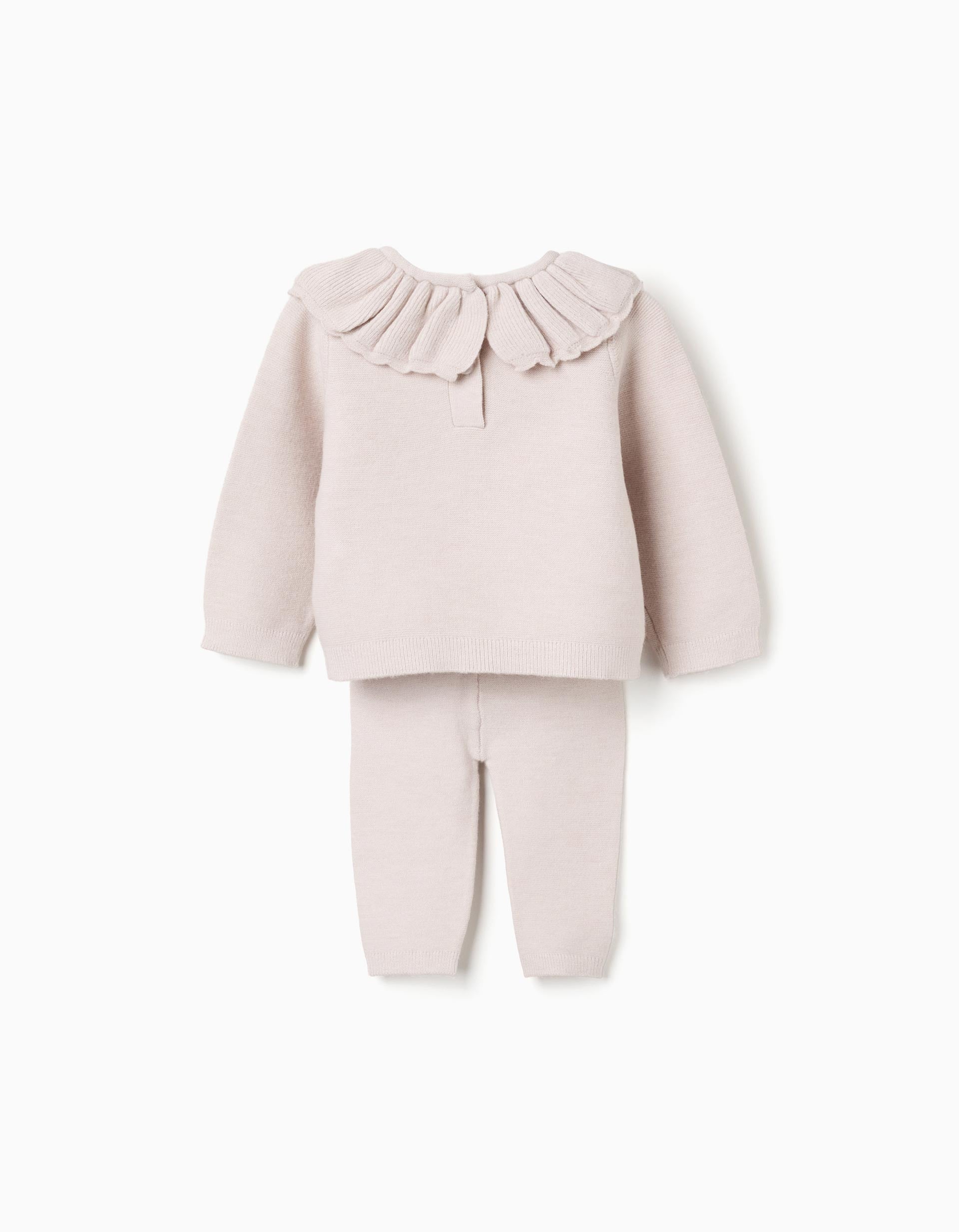 Jersey con cuello de volantes + pantalón de punto para recién nacida, beige