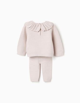 Knitted jumper with ruffled collar + trousers for newborn girls, beige