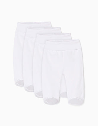 Pack 4 footed cotton trousers for newborns and babies, white
