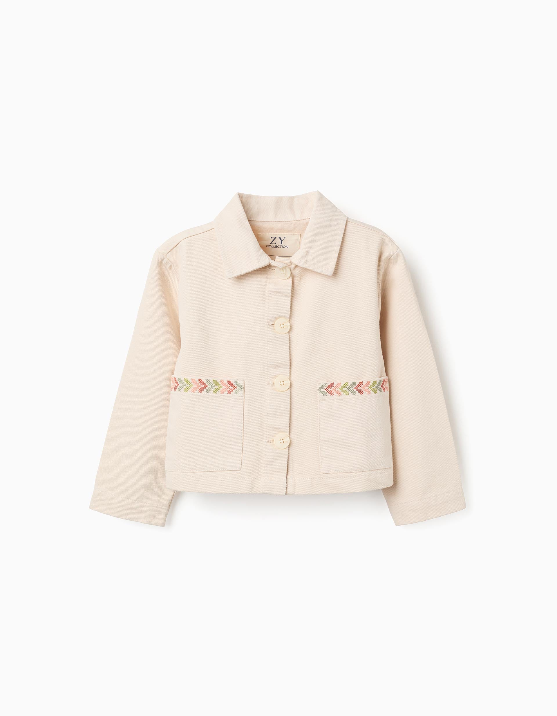 Veste en sergé avec broderie au point de croix pour fille, beige clair