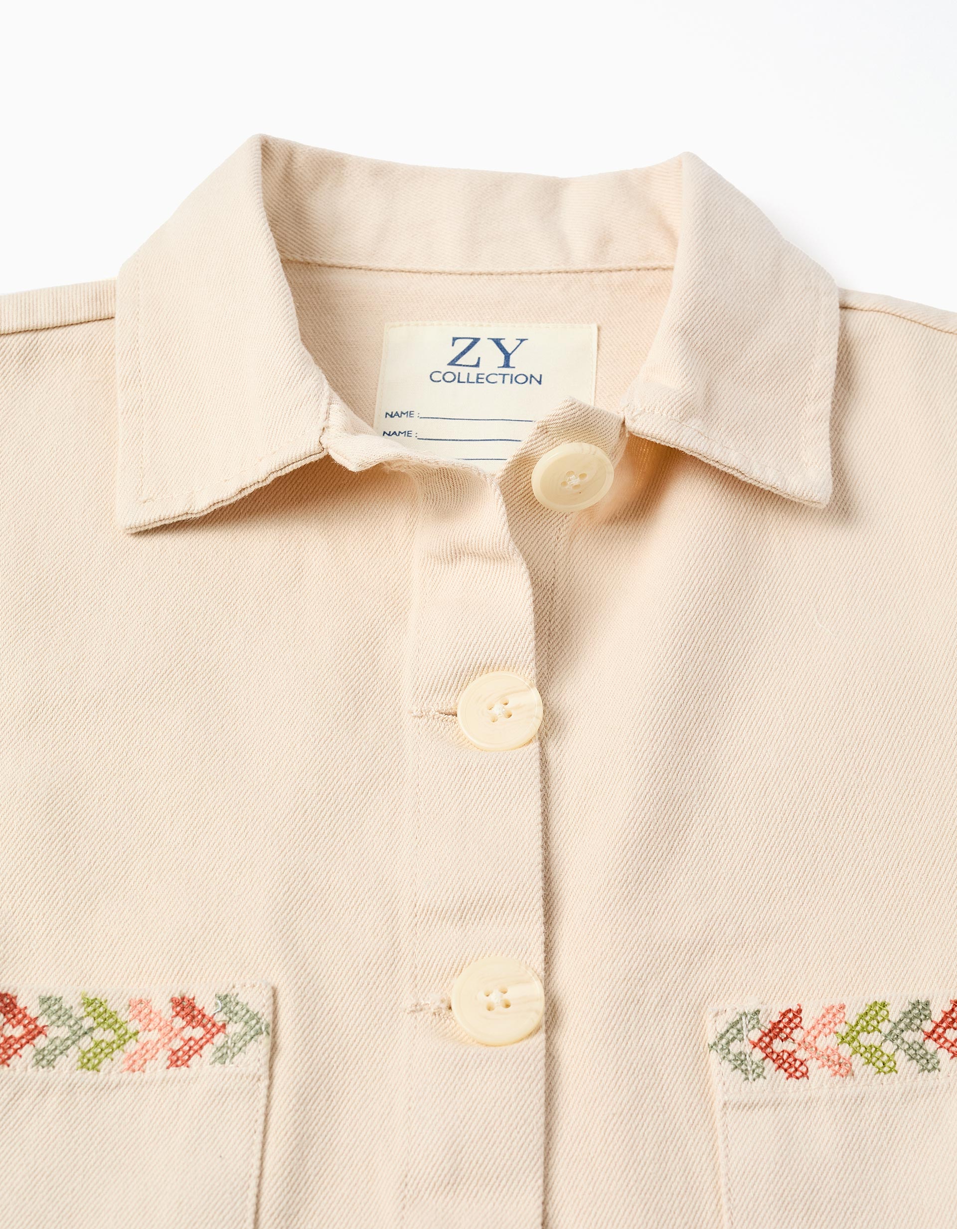 Veste en sergé avec broderie au point de croix pour fille, beige clair