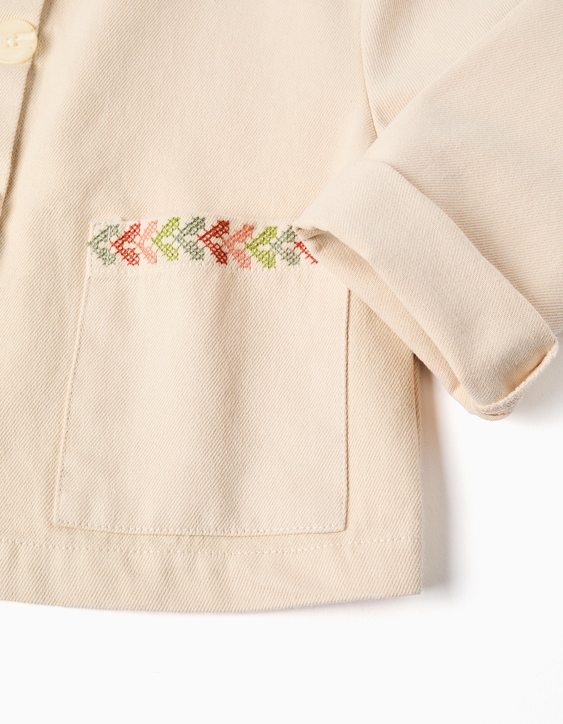 Veste en sergé avec broderie au point de croix pour fille, beige clair
