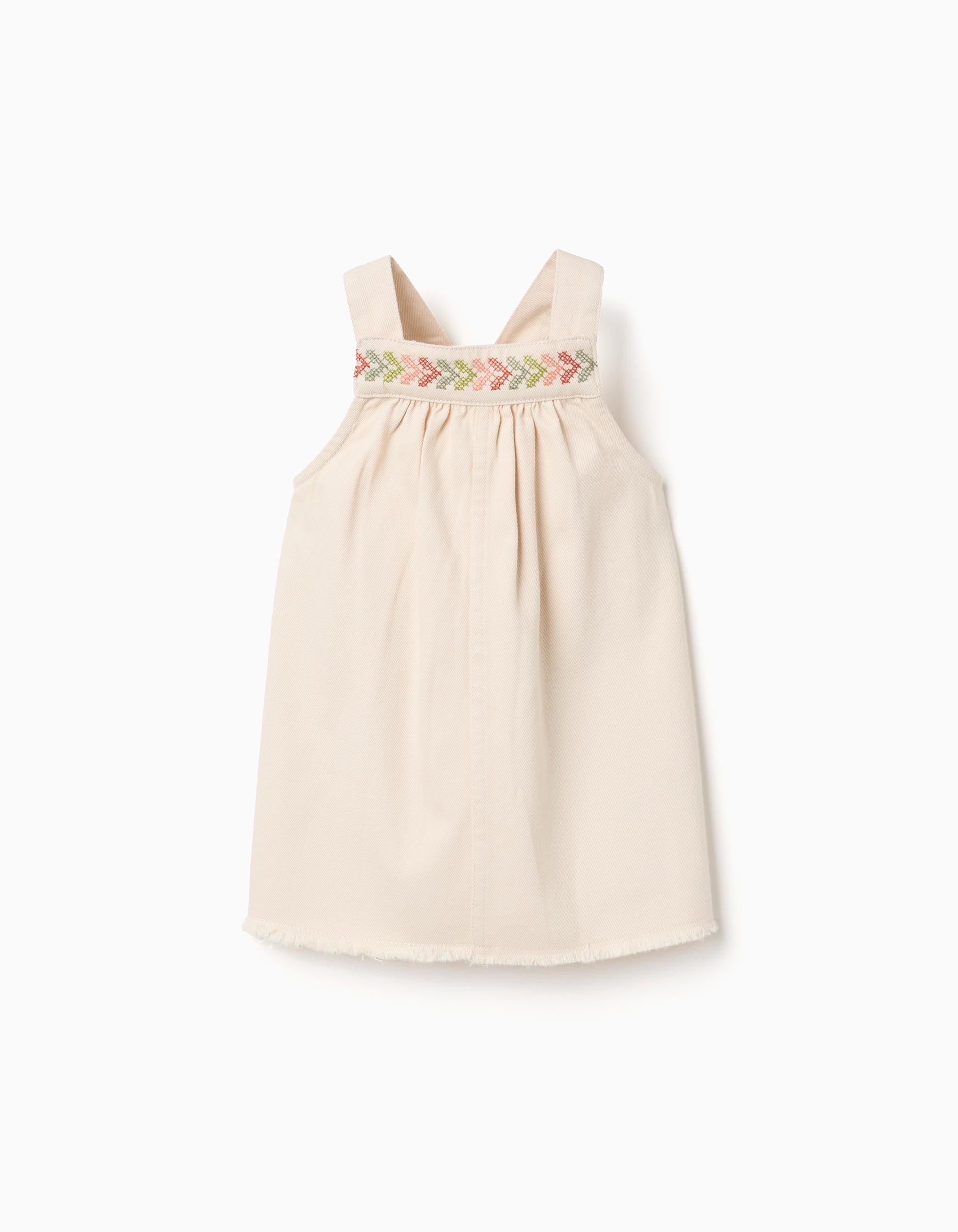 Robe salopette en sergé avec broderie pour bébé fille, beige clair