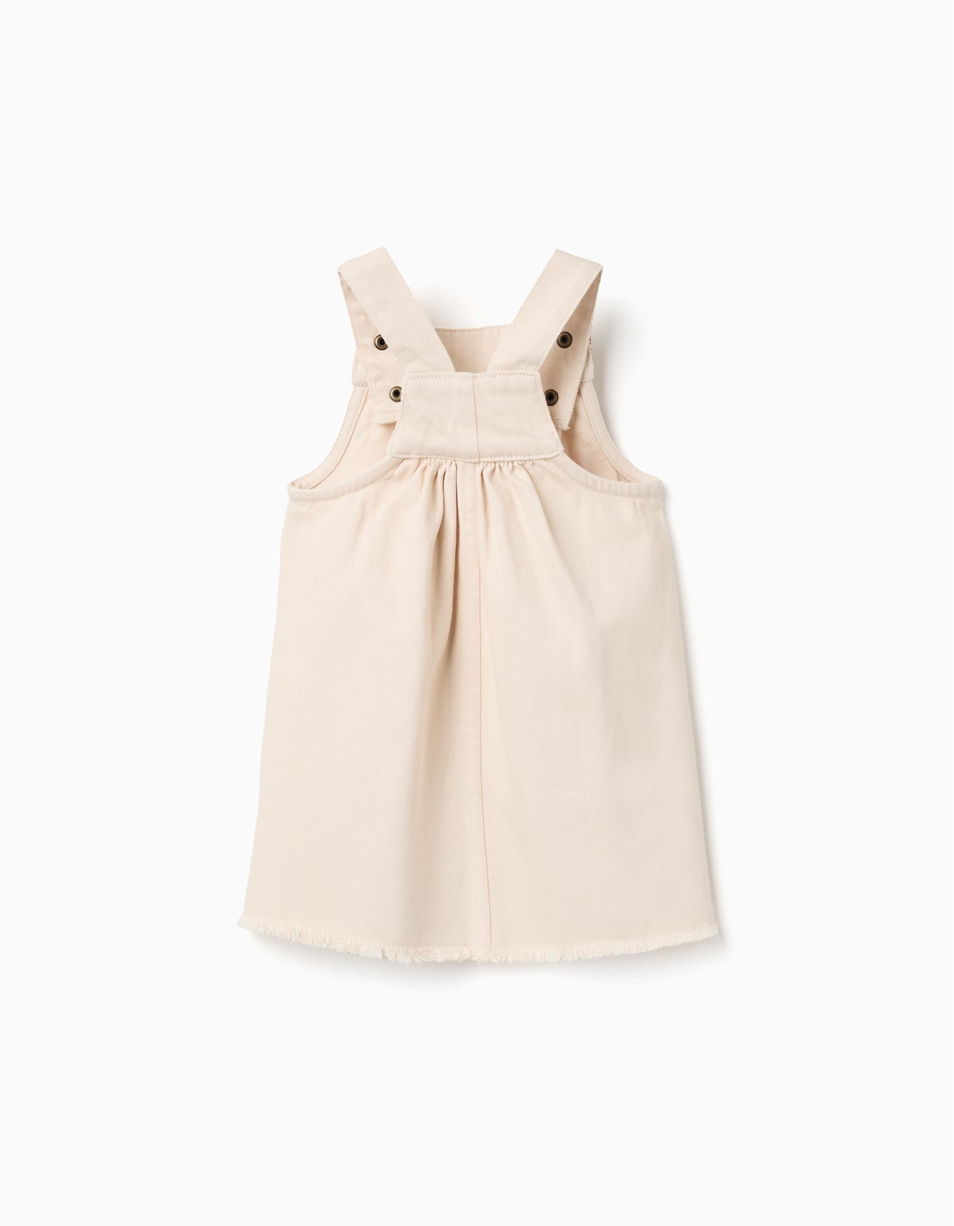 Robe salopette en sergé avec broderie pour bébé fille, beige clair