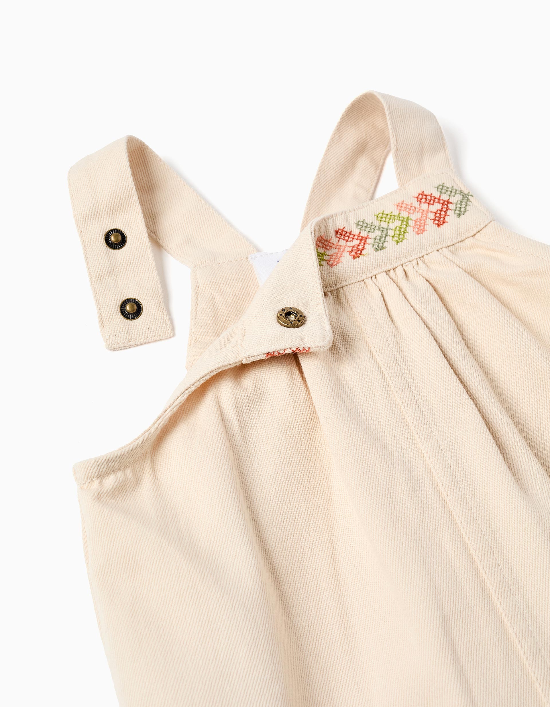 Robe salopette en sergé avec broderie pour bébé fille, beige clair