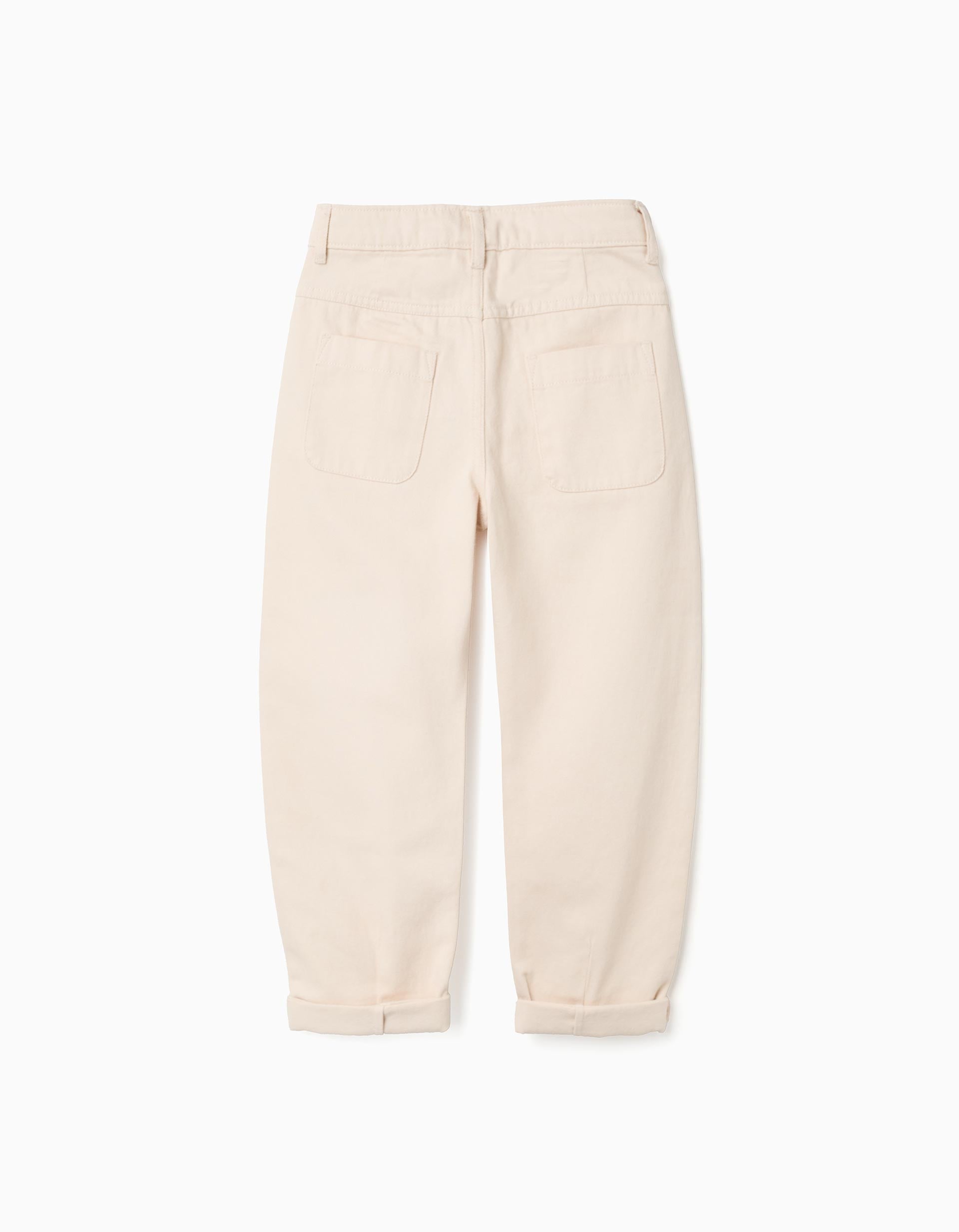 Baggy twill trousers with embroidery for girls, light beige