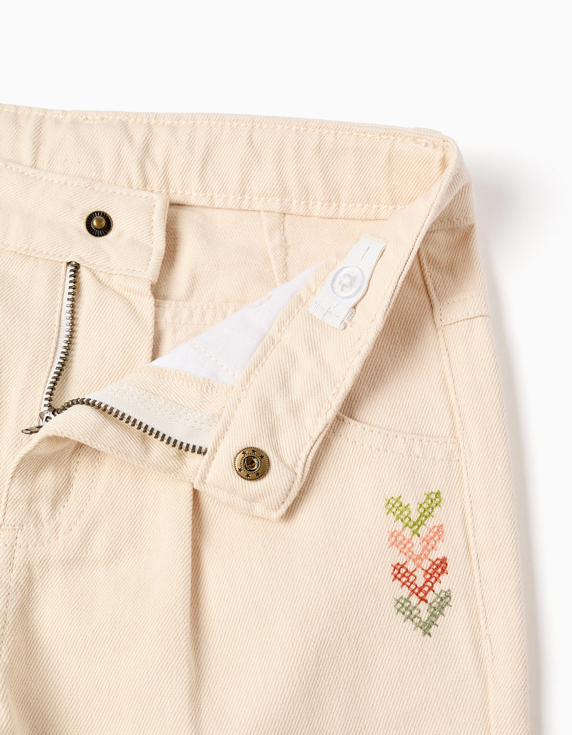 Baggy twill trousers with embroidery for girls, light beige