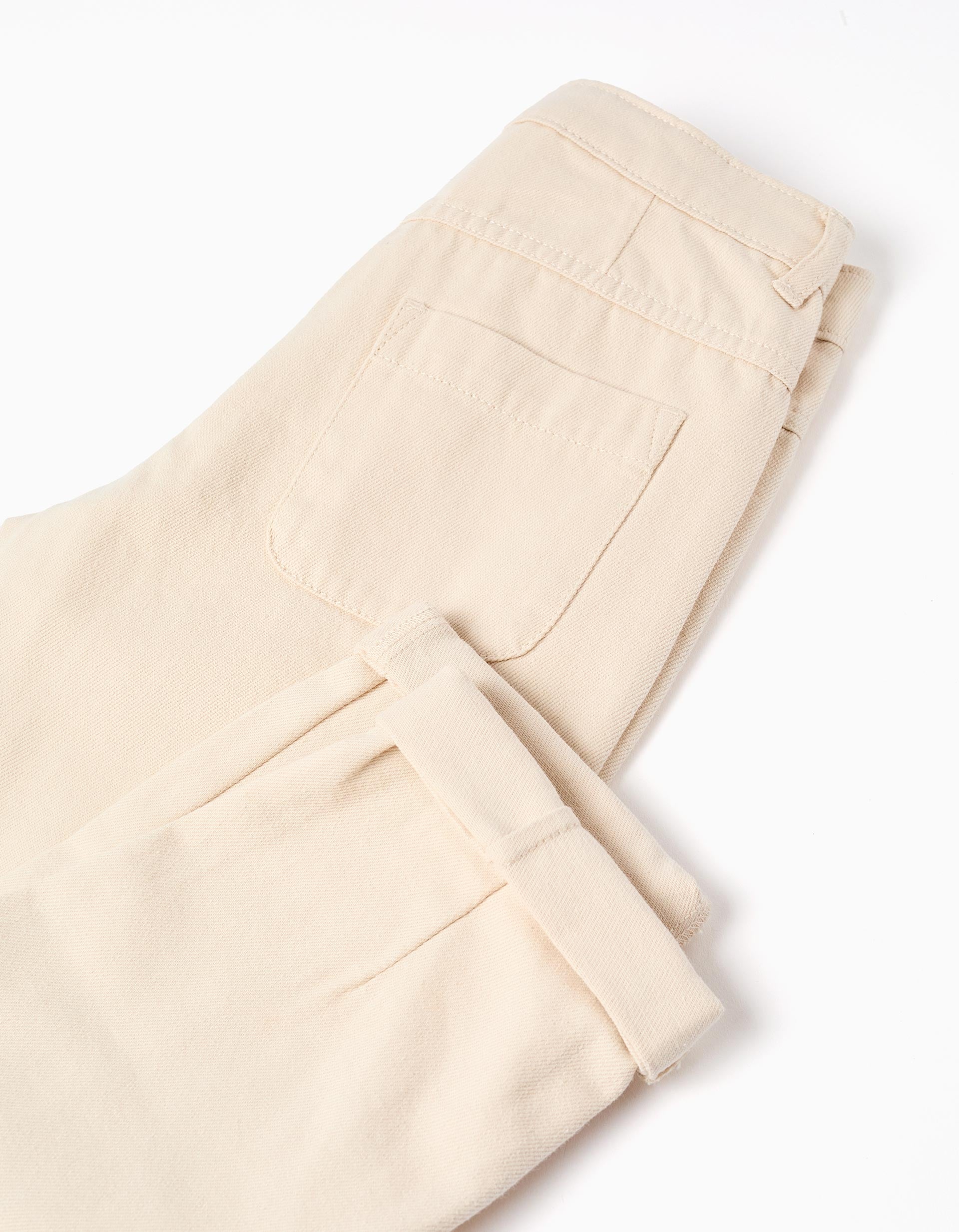 Baggy twill trousers with embroidery for girls, light beige
