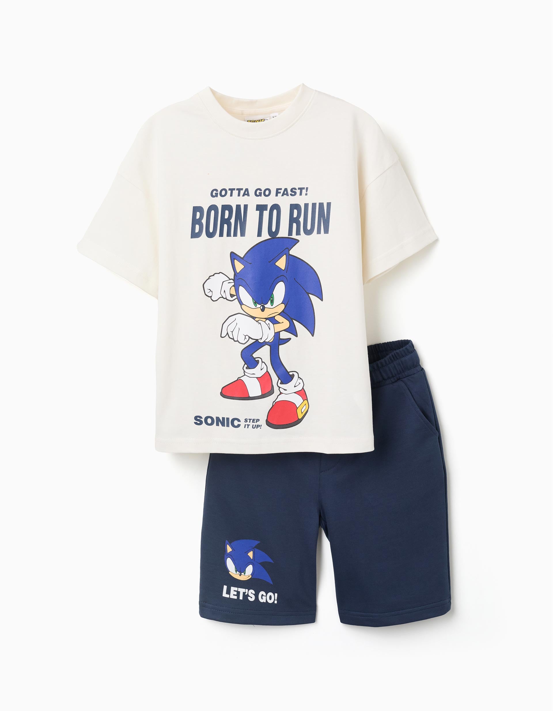 T-shirt et short en coton à imprimé Sonic pour garçon, blanc/bleu