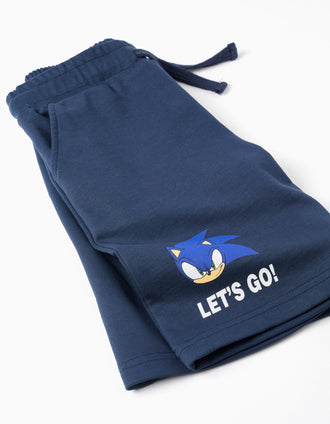 T-shirt et short en coton à imprimé Sonic pour garçon, blanc/bleu