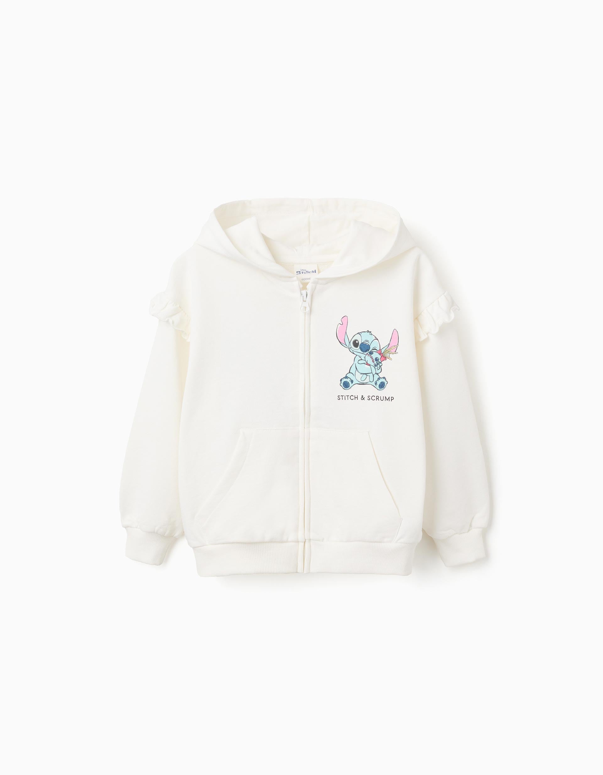 Sweat zippé en coton à capuche et imprimés Stitch pour fille, blanc