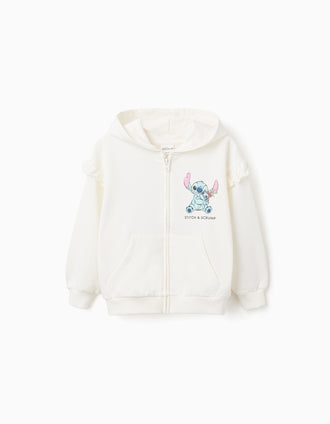 Cotton hooded jacket with Stitch prints and ruffles for girls, white