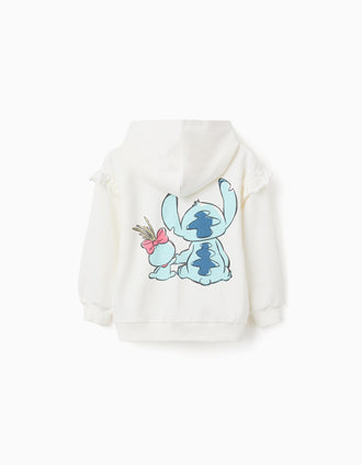 Cotton hooded jacket with Stitch prints and ruffles for girls, white