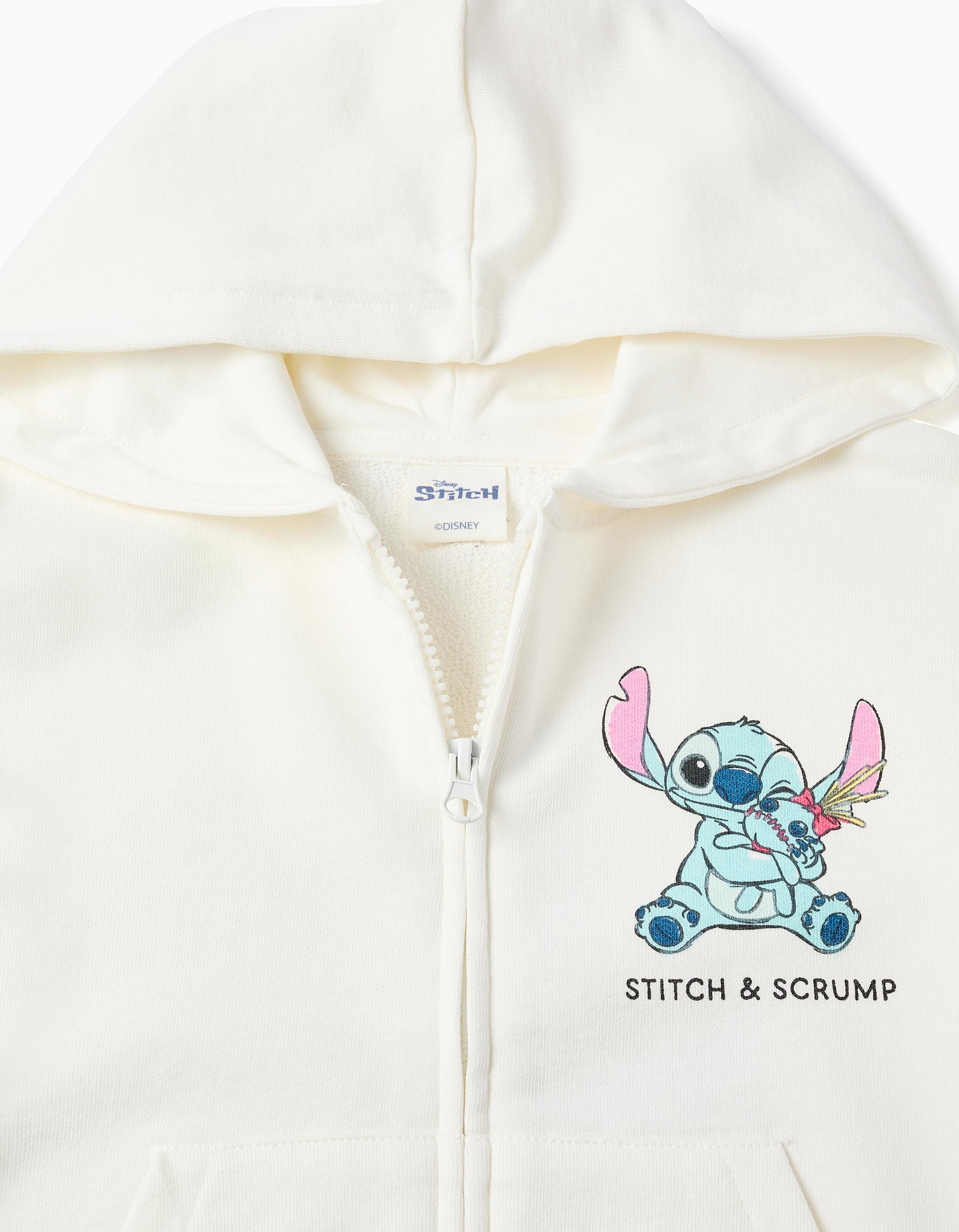 Sweat zippé en coton à capuche et imprimés Stitch pour fille, blanc