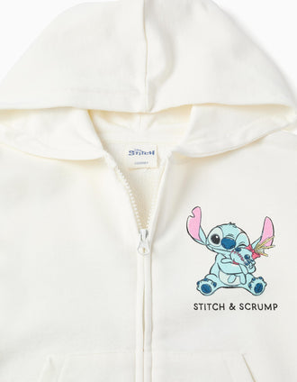 Cotton hooded jacket with Stitch prints and ruffles for girls, white