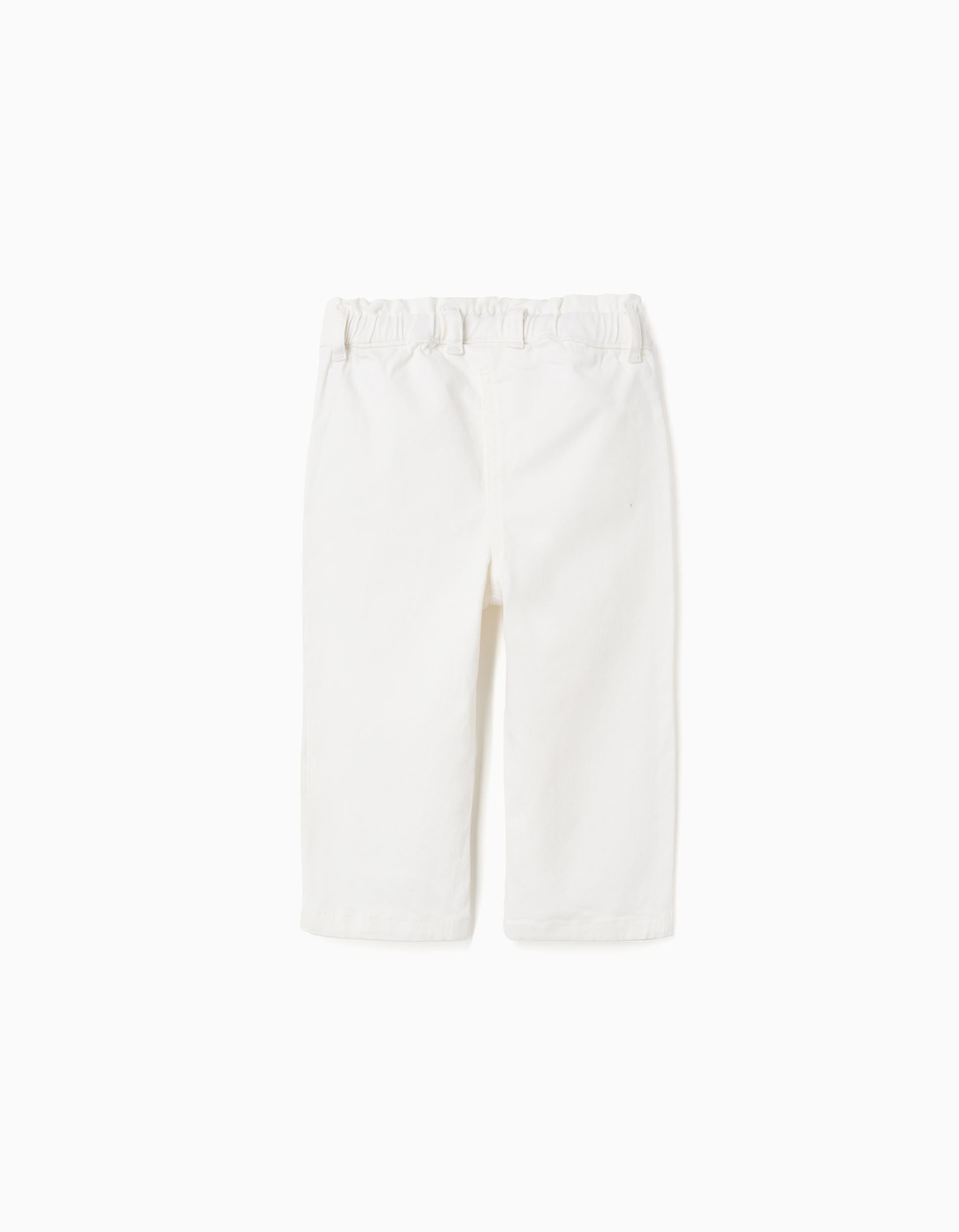 Wide leg twill trousers with paperbag waist for baby girls, white