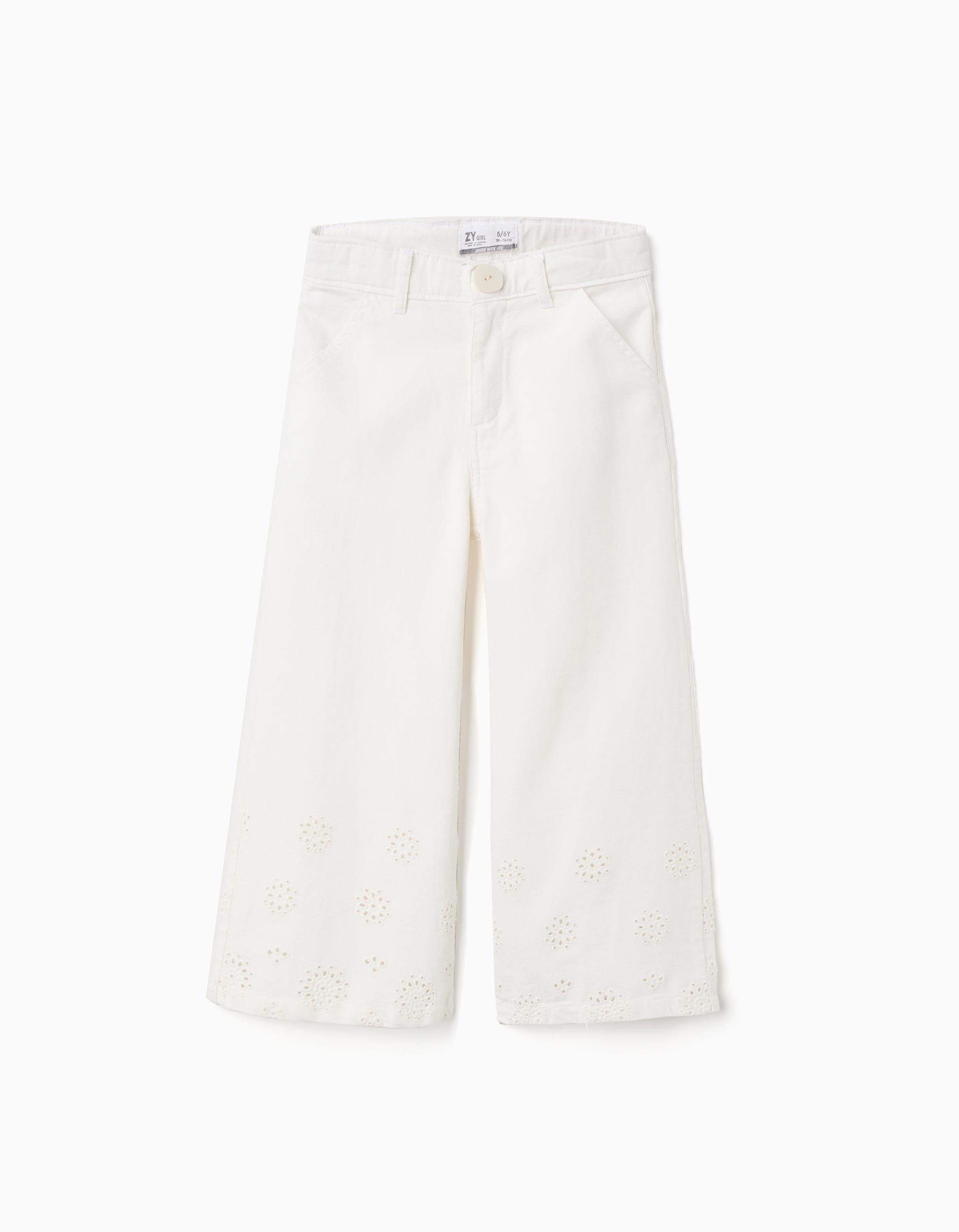 Pantalon large en sergé avec broderie anglaise pour fille, beige clair