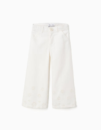 Calças wide leg de sarja com bordado inglês para menina, bege-claro