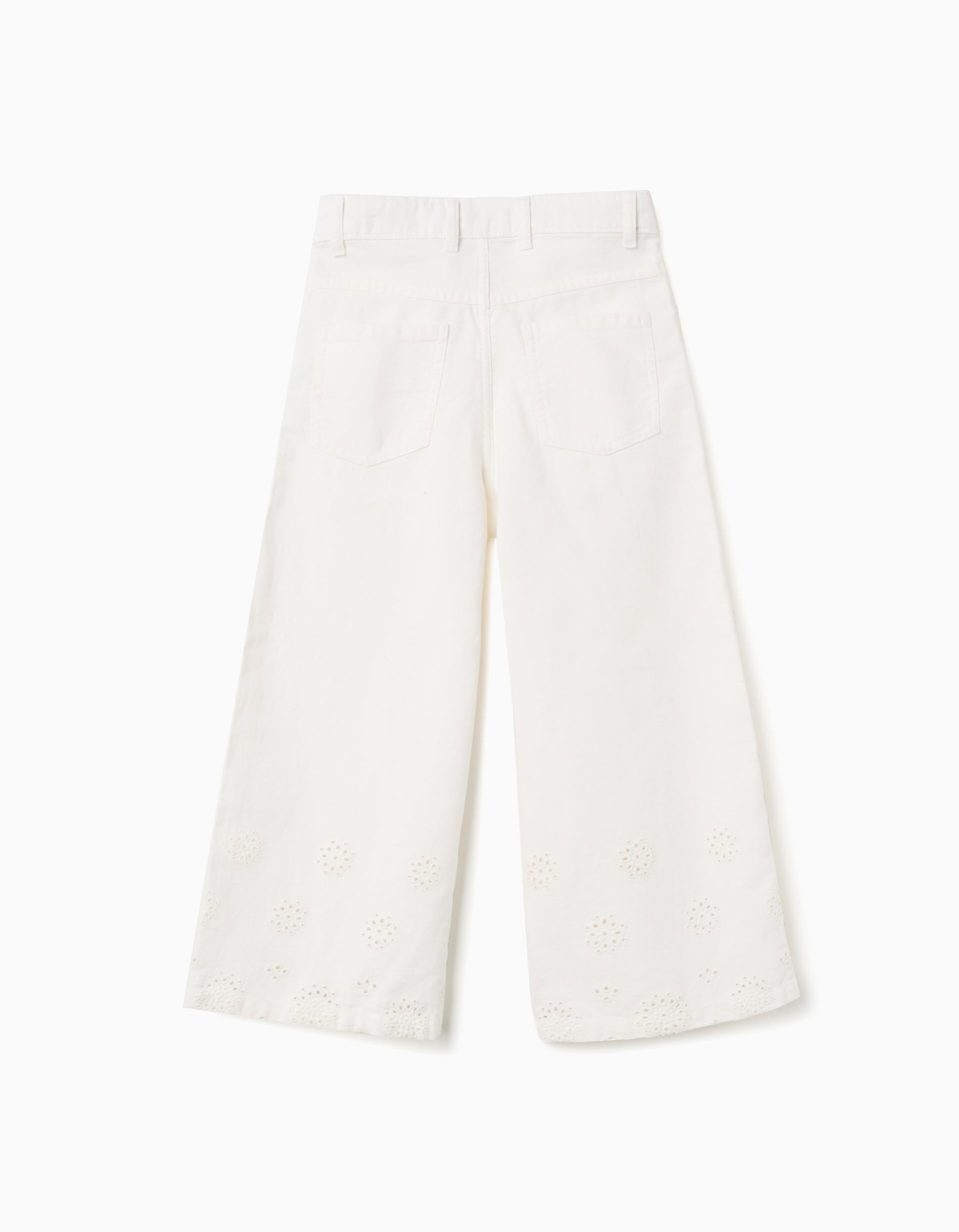Pantalon large en sergé avec broderie anglaise pour fille, beige clair